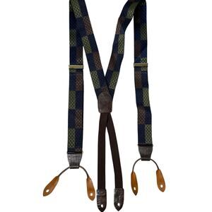 Vintage Cole Haan Silk Suspenders Mens Blue Brass Lizard Leather Button Braces